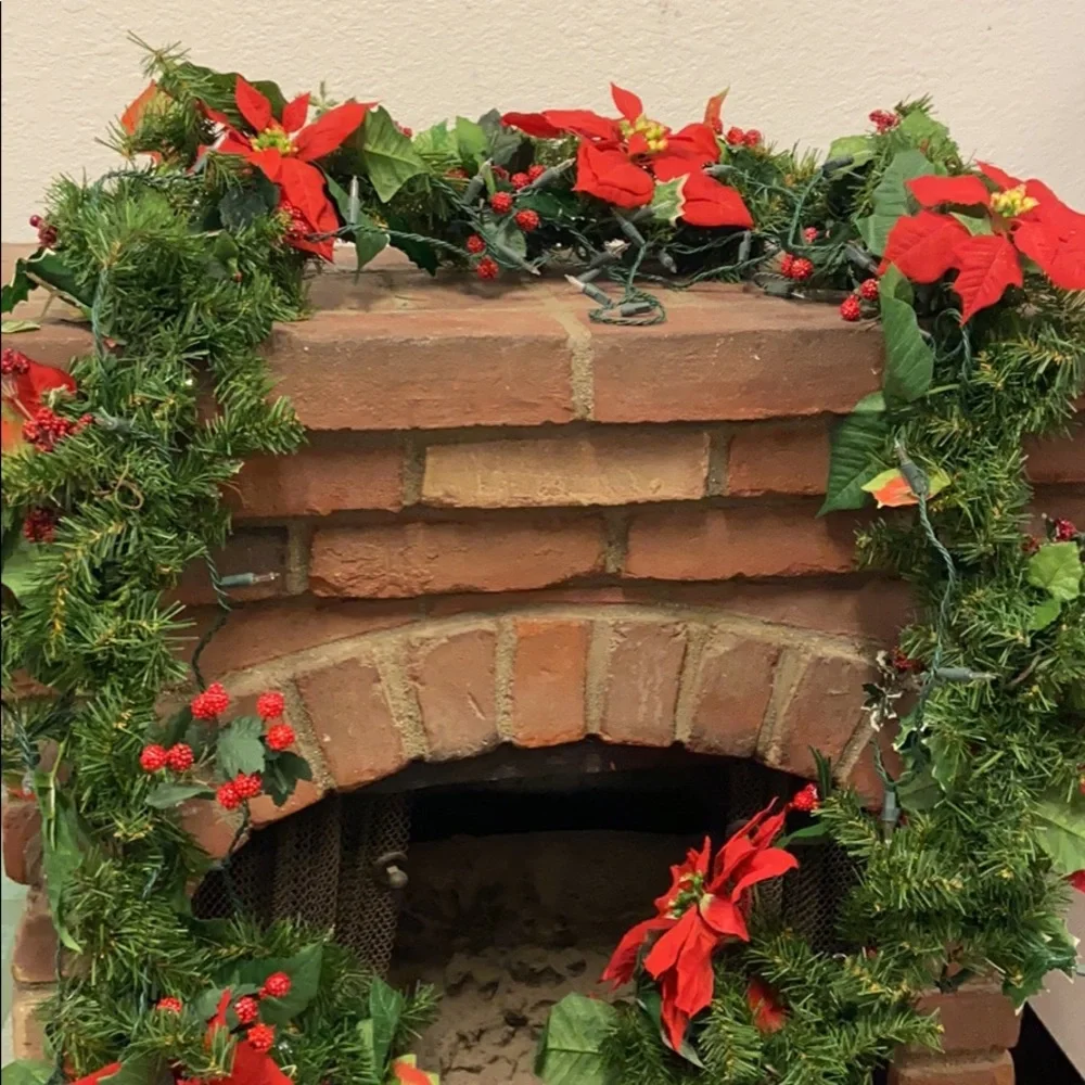 Thick synthetic lifelike Christmas holiday garland poinsettia berries lights
